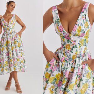 HOUSE OF CB 'Emmelina' White Vintage Rose Print Cotton Corset Sundress NWOT